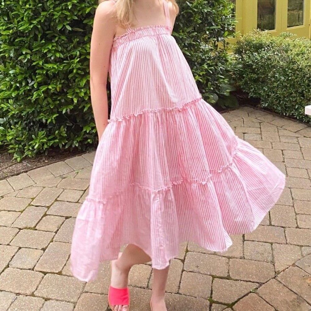 Grace Holiday Midi Dress Pink and White Stripe Size L